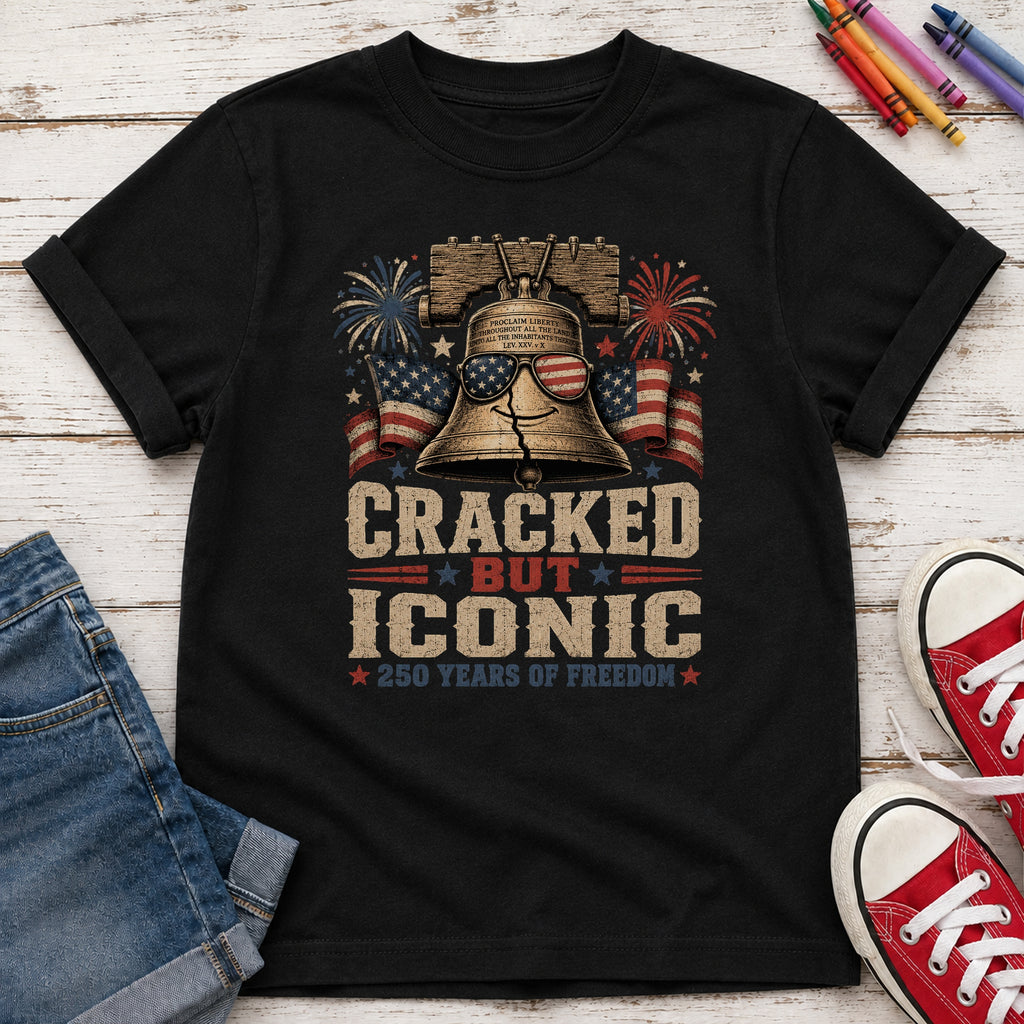 Liberty Bell “Cracked But Iconic” Patriotic Youth Tee, America 250 Years of Freedom