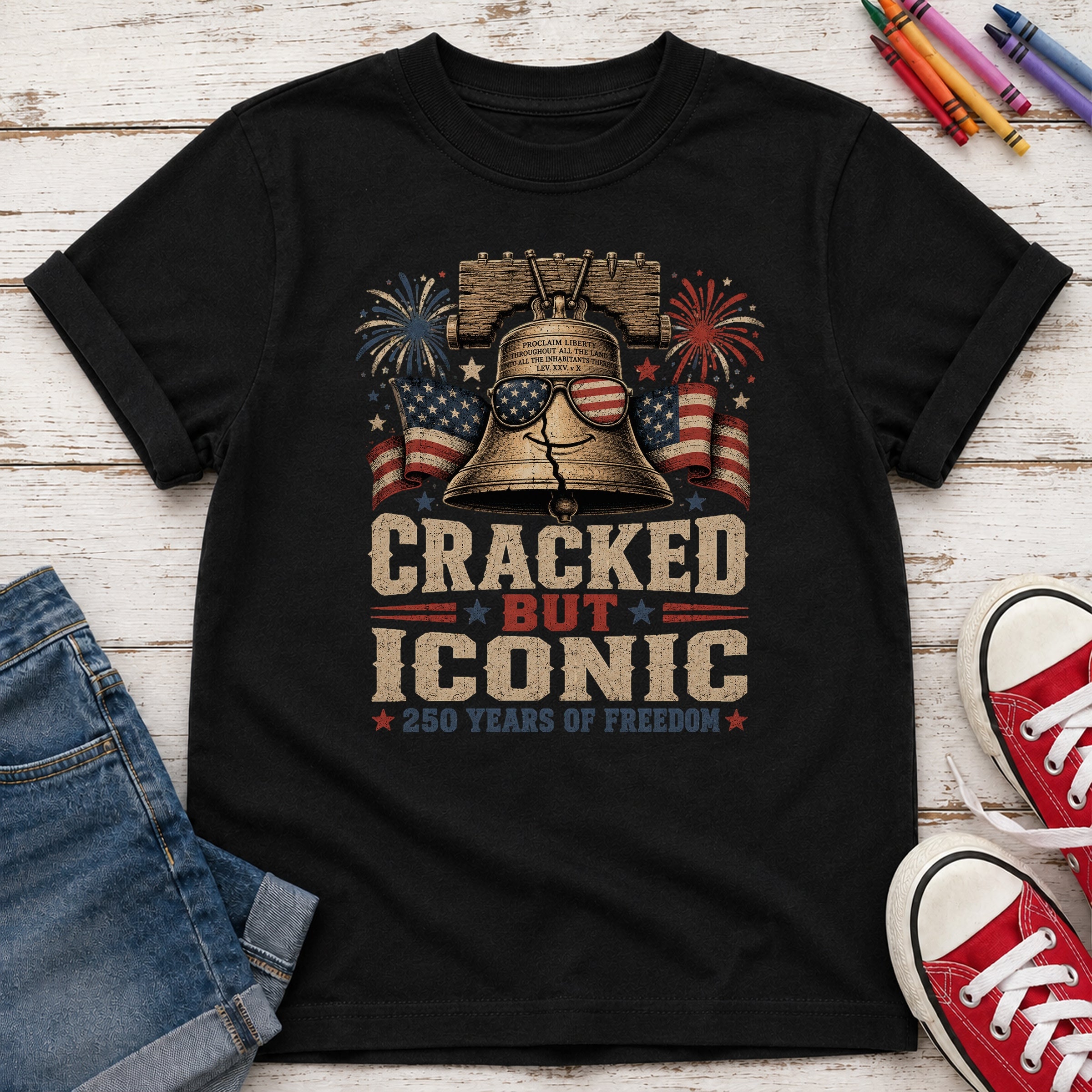 Liberty Bell “Cracked But Iconic” Patriotic Youth Tee, America 250 Years of Freedom