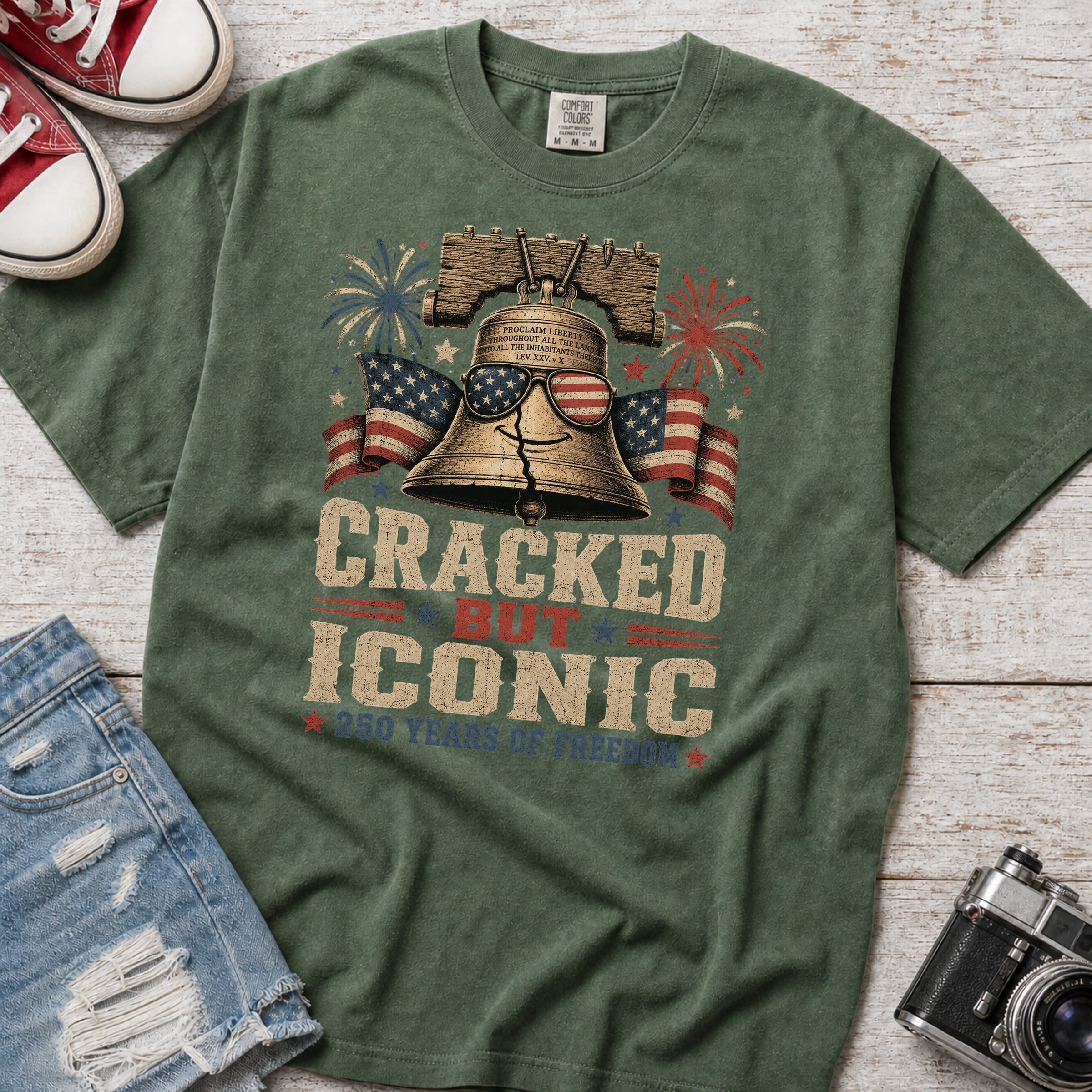 Liberty Bell “Cracked But Iconic” Patriotic T-Shirt, America 250 Years of Freedom