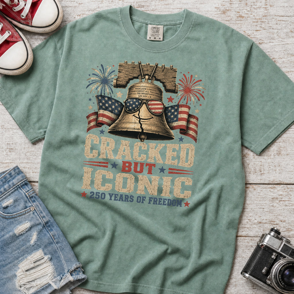 Liberty Bell “Cracked But Iconic” Patriotic T-Shirt, America 250 Years of Freedom