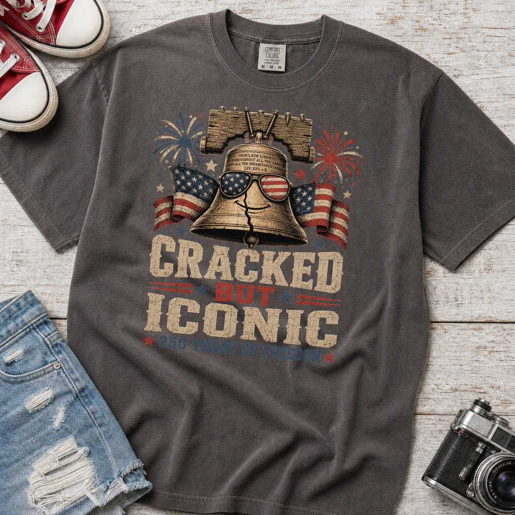 Liberty Bell “Cracked But Iconic” Patriotic T-Shirt, America 250 Years of Freedom