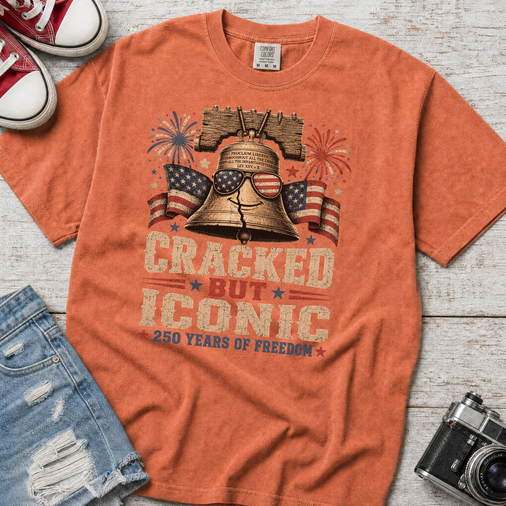 Liberty Bell “Cracked But Iconic” Patriotic T-Shirt, America 250 Years of Freedom