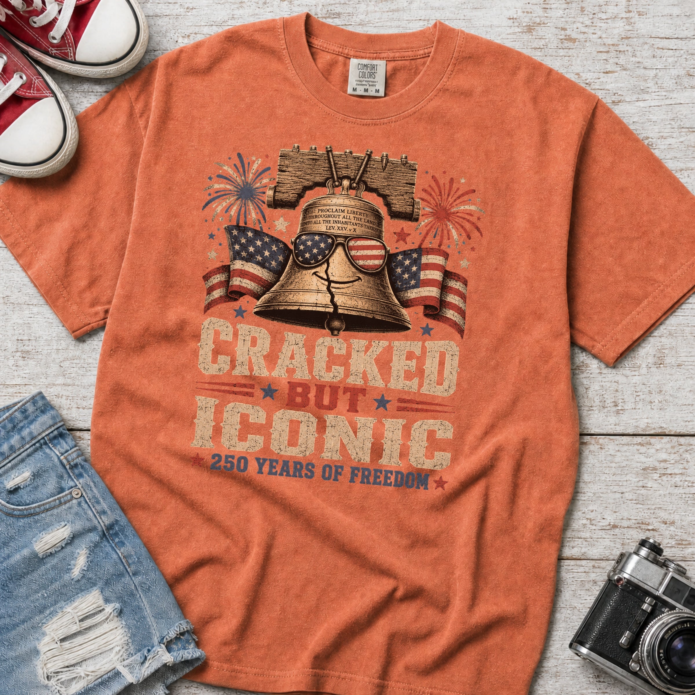 Liberty Bell “Cracked But Iconic” Patriotic T-Shirt, America 250 Years of Freedom