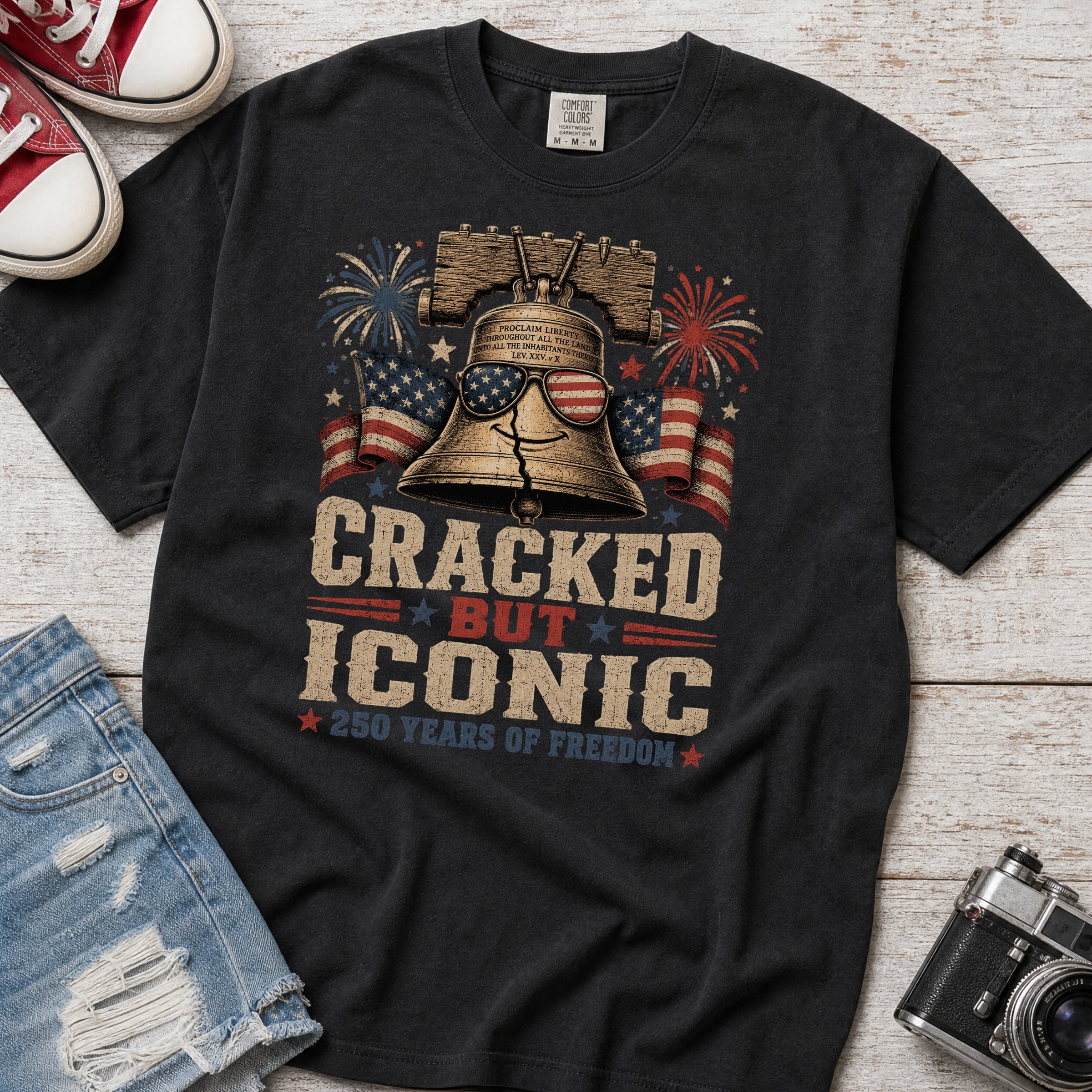 Liberty Bell “Cracked But Iconic” Patriotic T-Shirt, America 250 Years of Freedom
