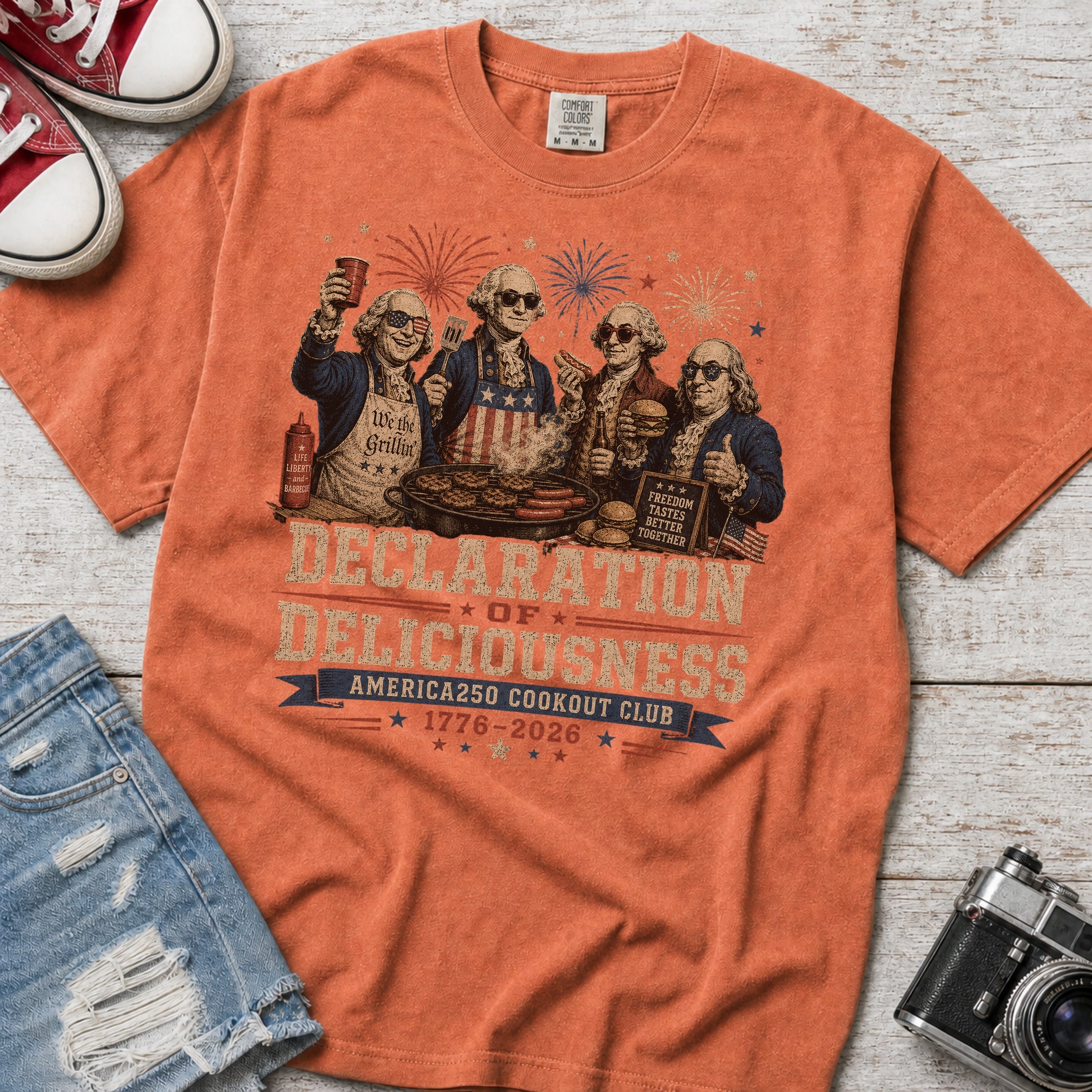 Declaration of Deliciousness BBQ T-shirt, Founding Fathers 4th of July America 250