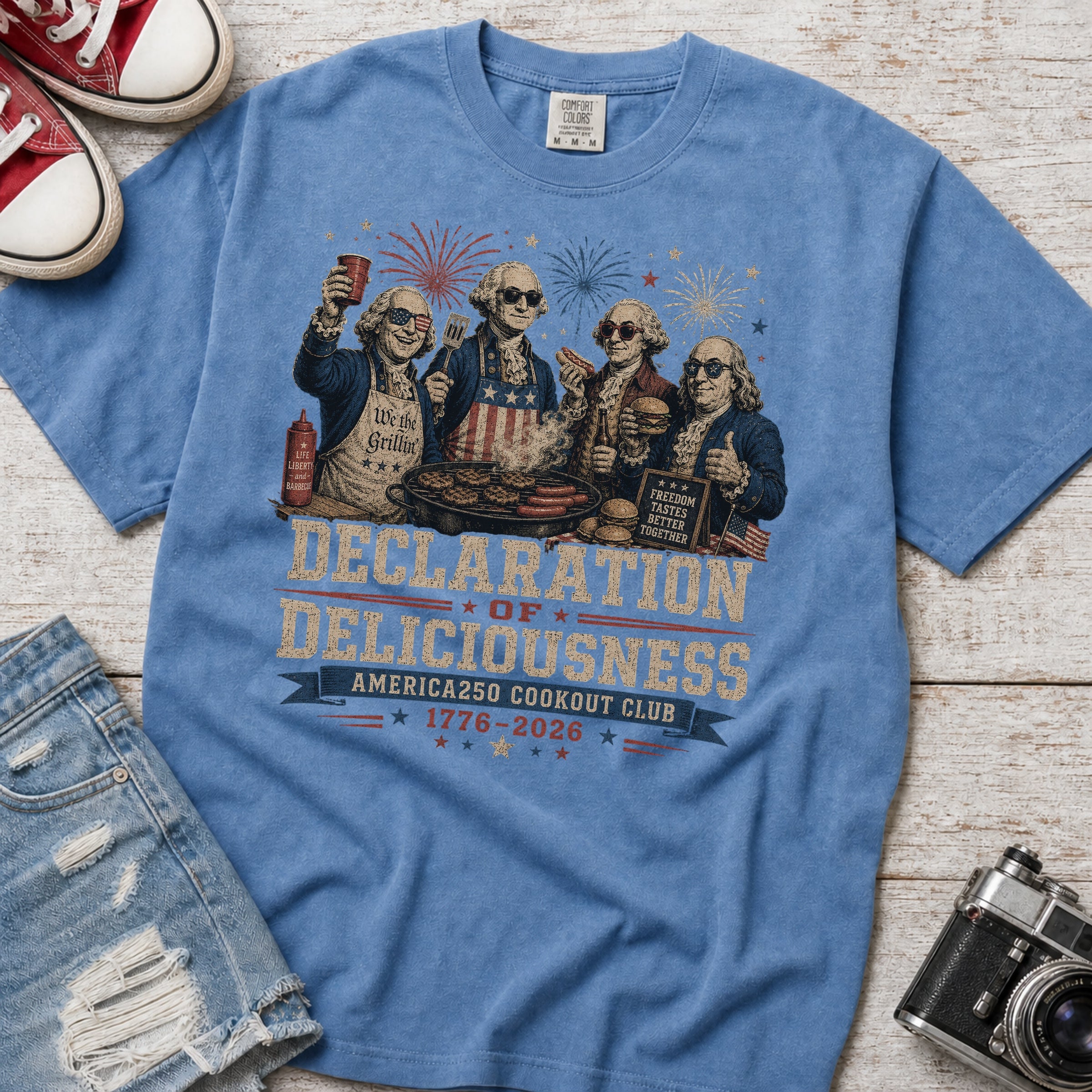 Declaration of Deliciousness BBQ T-shirt, Founding Fathers 4th of July America 250