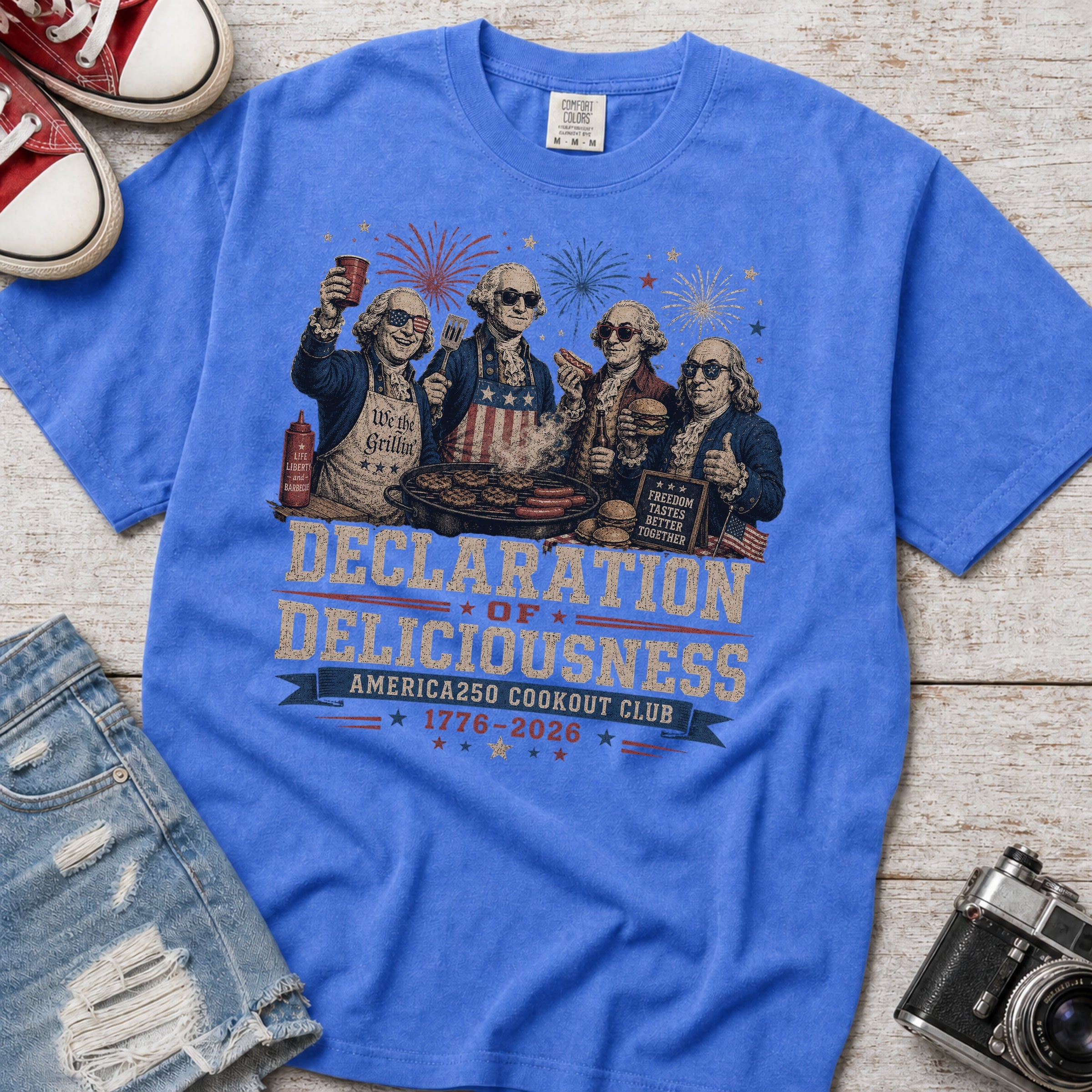 Declaration of Deliciousness BBQ T-shirt, Founding Fathers 4th of July America 250