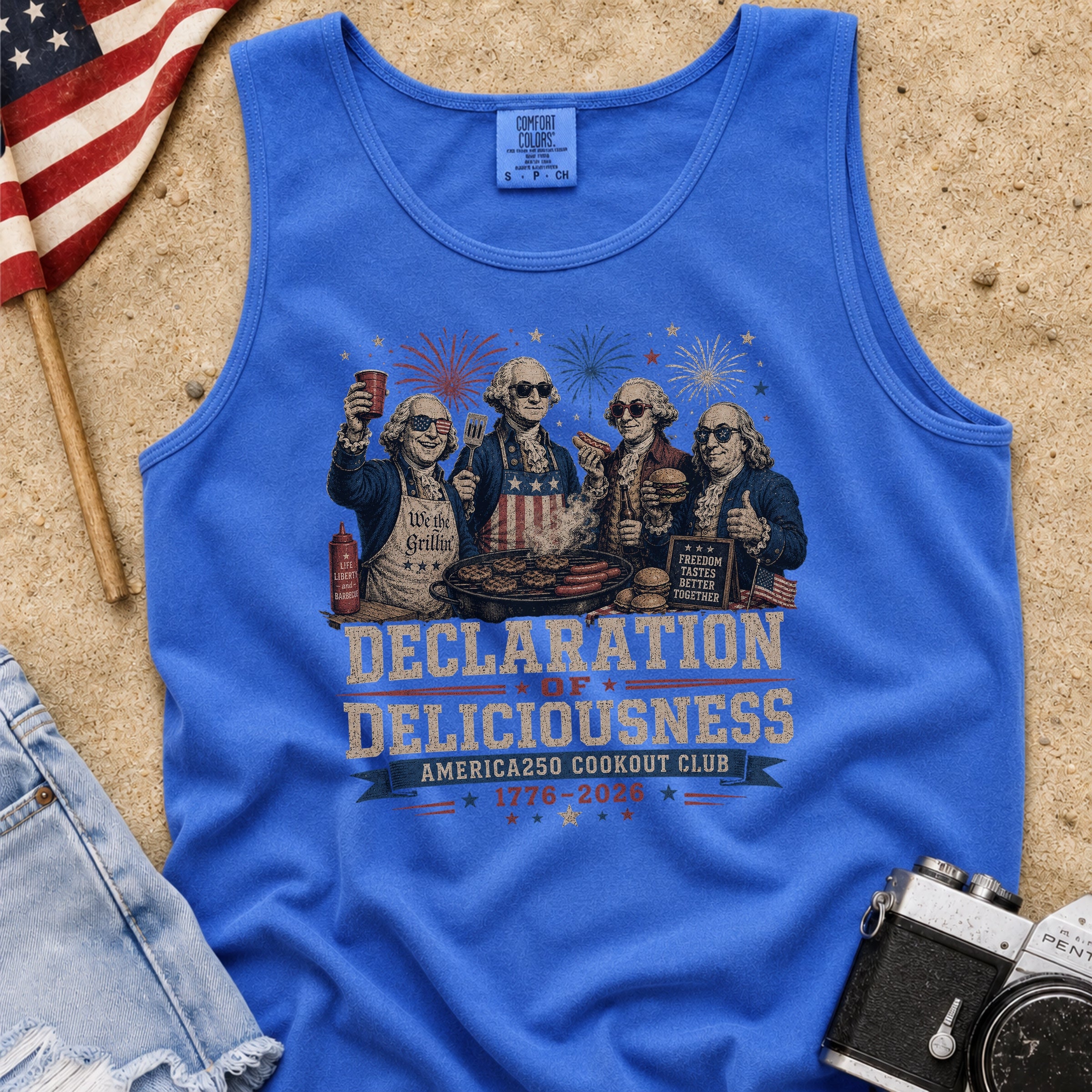 Declaration of Deliciousness BBQ Tank Top, Founding Fathers 4th of July America 250