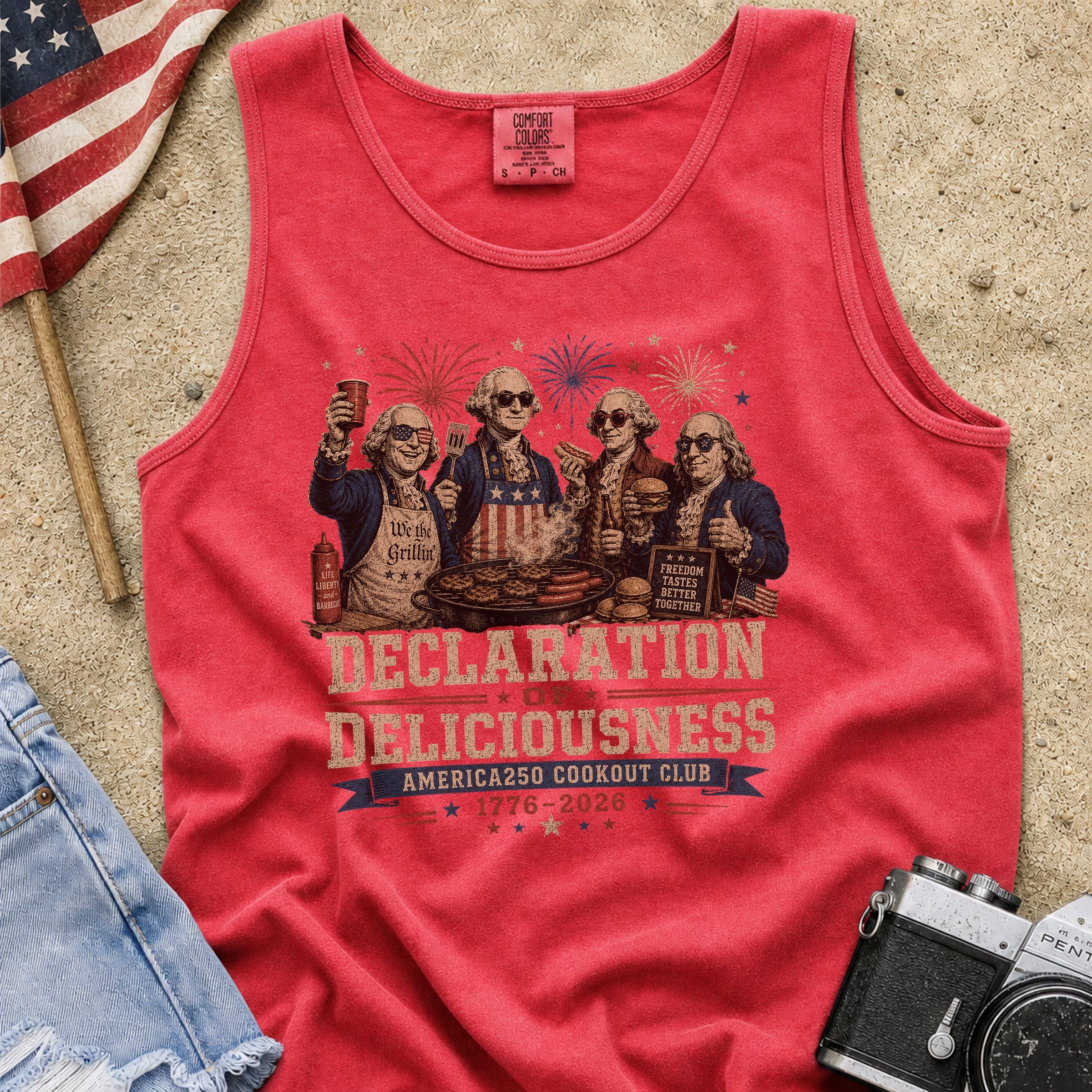 Declaration of Deliciousness BBQ Tank Top, Founding Fathers 4th of July America 250