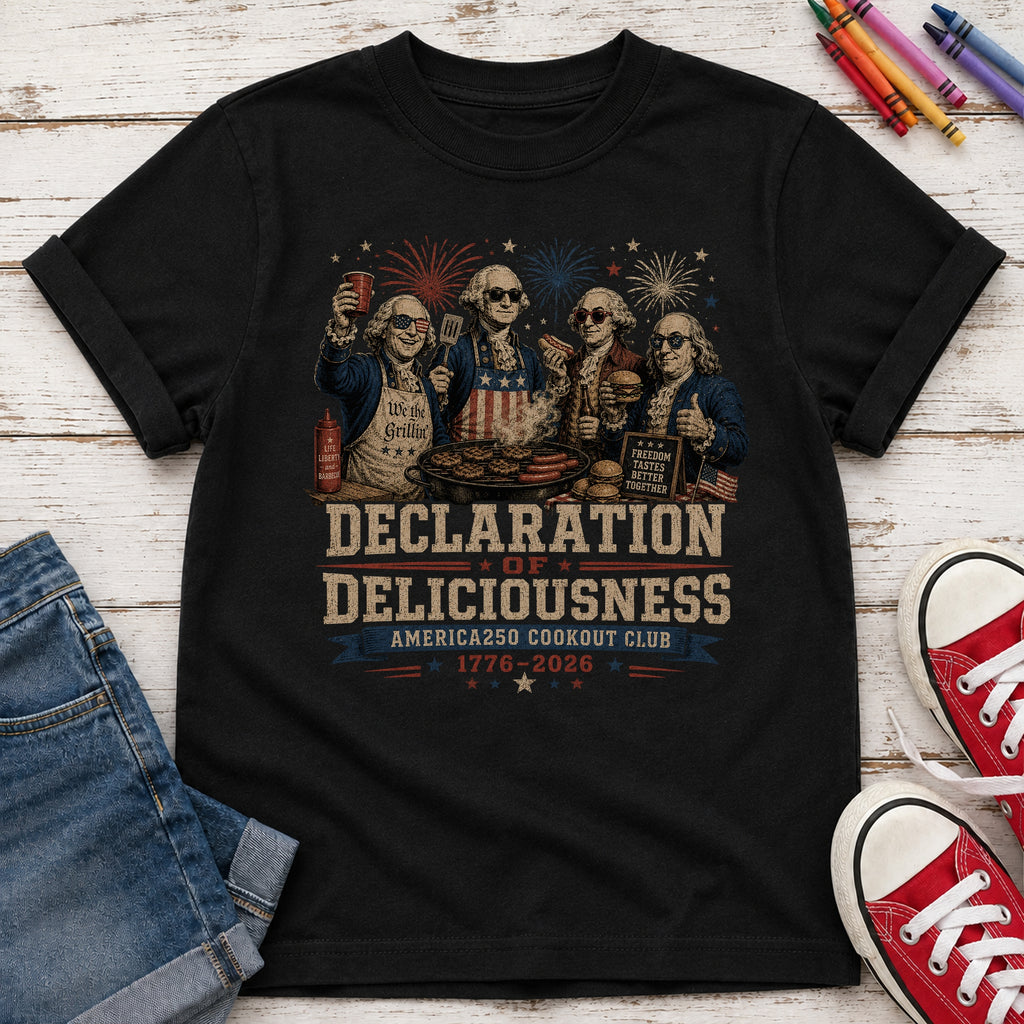 Declaration of Deliciousness BBQ Youth Tee, Founding Fathers 4th of July America 250
