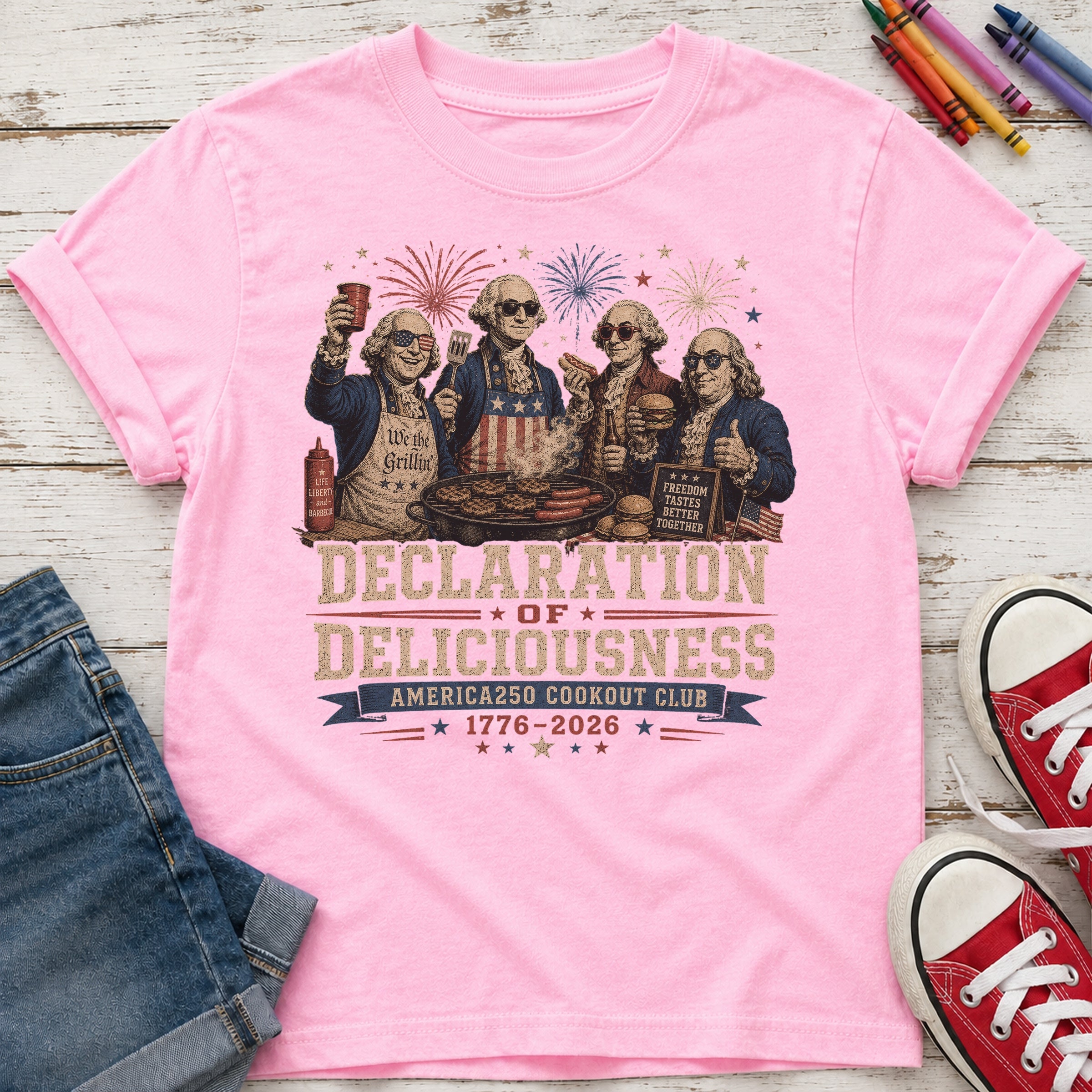 Declaration of Deliciousness BBQ Youth Tee, Founding Fathers 4th of July America 250