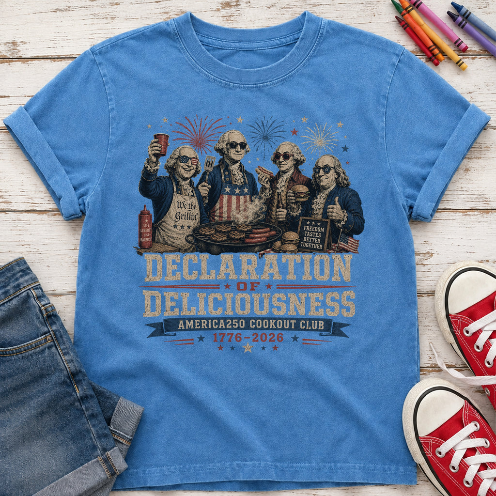 Declaration of Deliciousness BBQ Youth Tee, Founding Fathers 4th of July America 250