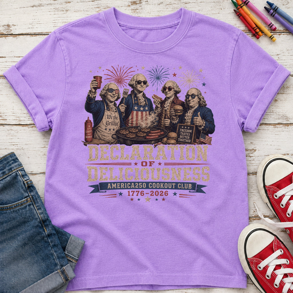 Declaration of Deliciousness BBQ Youth Tee, Founding Fathers 4th of July America 250