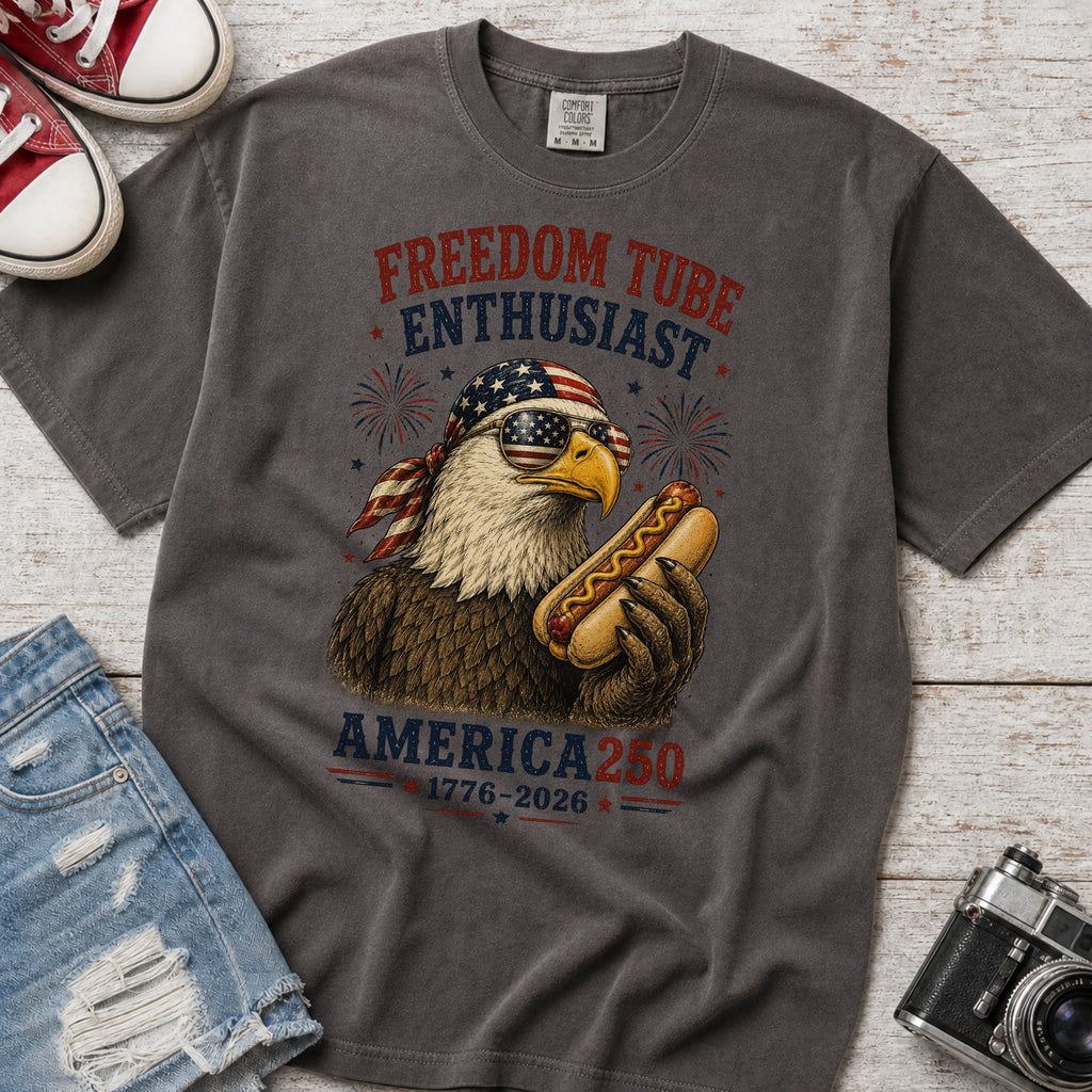 Freedom Tube Enthusiast T-Shirt, America250 Patriotic Eagle Hot Dog Tee