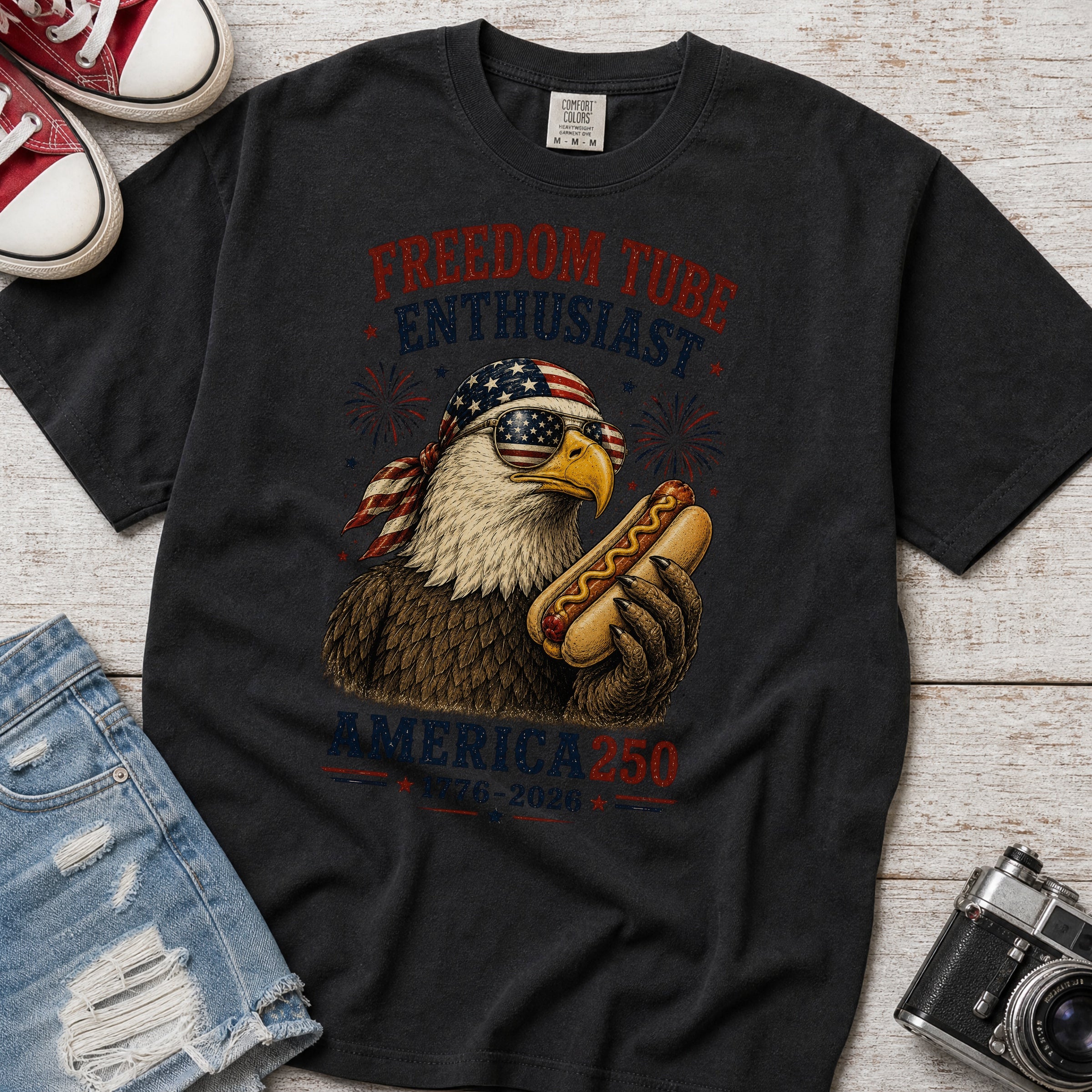 Freedom Tube Enthusiast T-Shirt, America250 Patriotic Eagle Hot Dog Tee