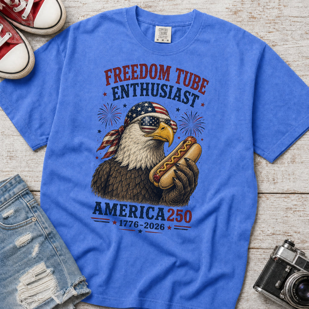Freedom Tube Enthusiast T-Shirt, America250 Patriotic Eagle Hot Dog Tee