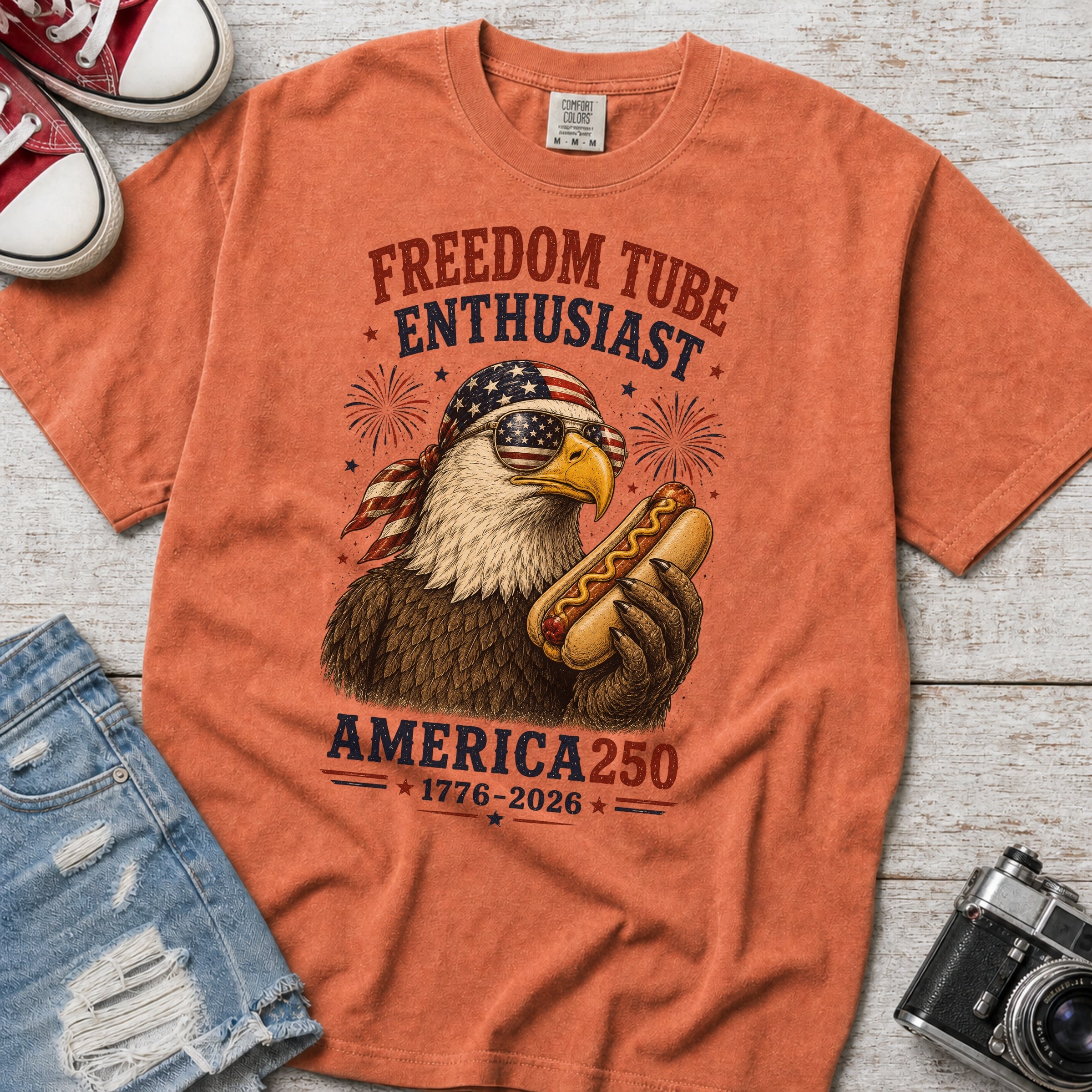 Freedom Tube Enthusiast T-Shirt, America250 Patriotic Eagle Hot Dog Tee