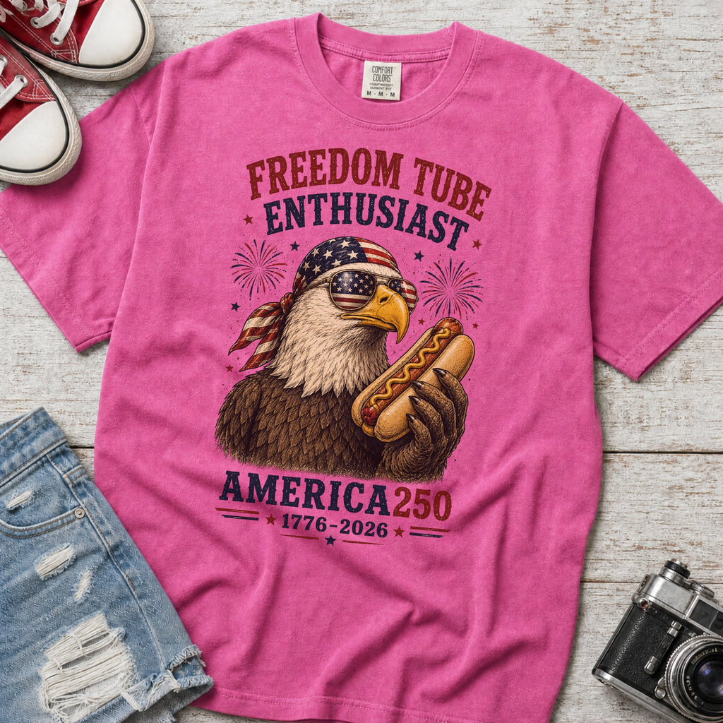 Freedom Tube Enthusiast T-Shirt, America250 Patriotic Eagle Hot Dog Tee