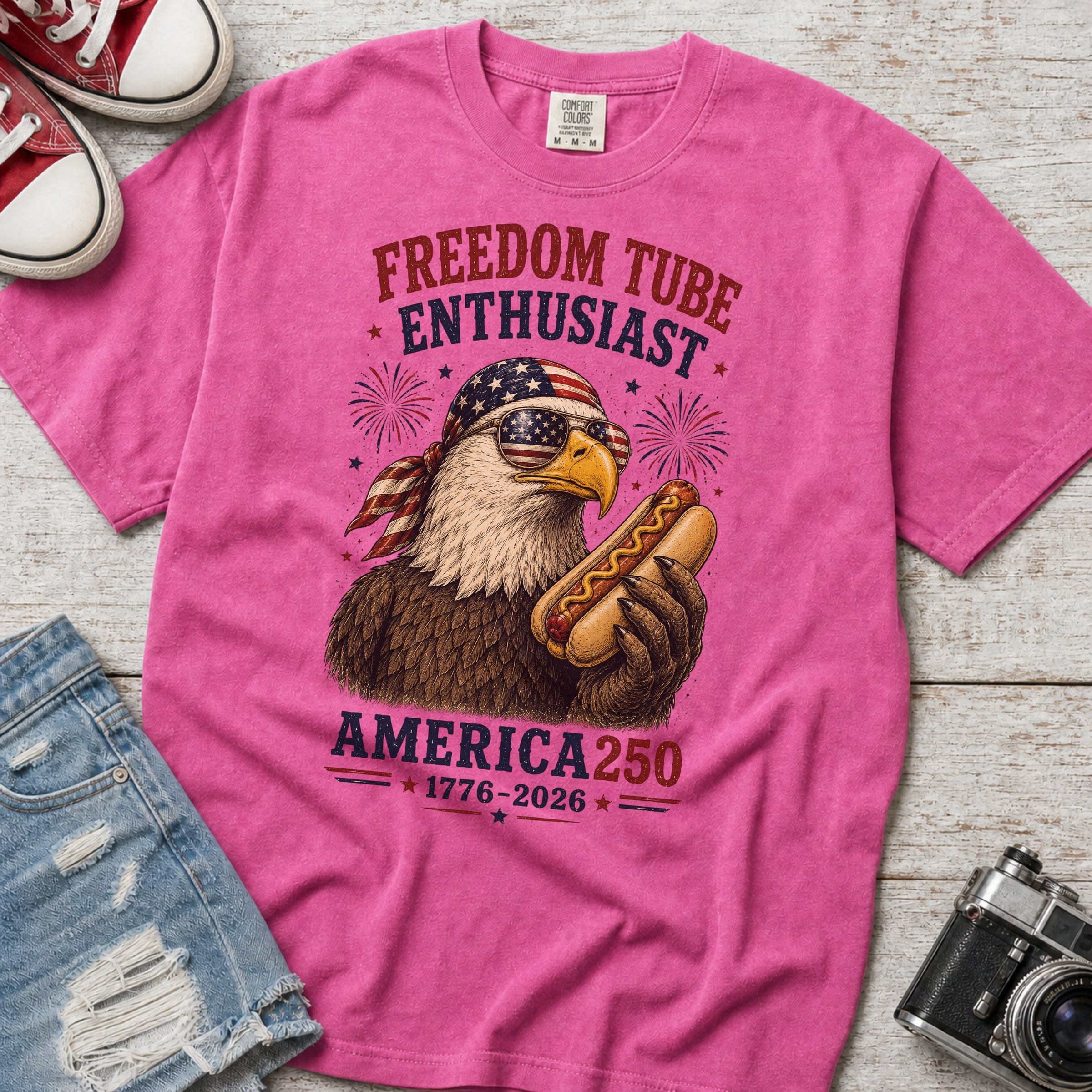 Freedom Tube Enthusiast T-Shirt, America250 Patriotic Eagle Hot Dog Tee