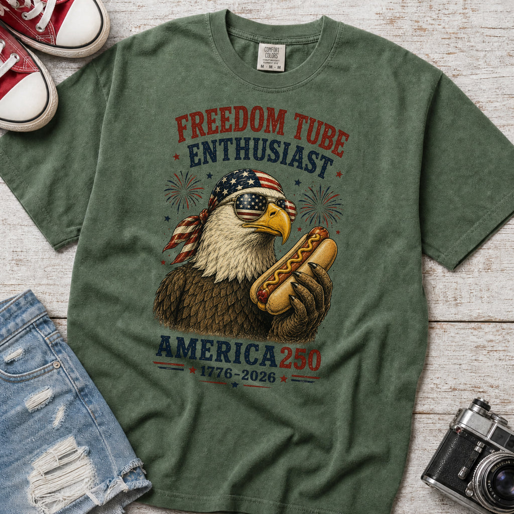 Freedom Tube Enthusiast T-Shirt, America250 Patriotic Eagle Hot Dog Tee