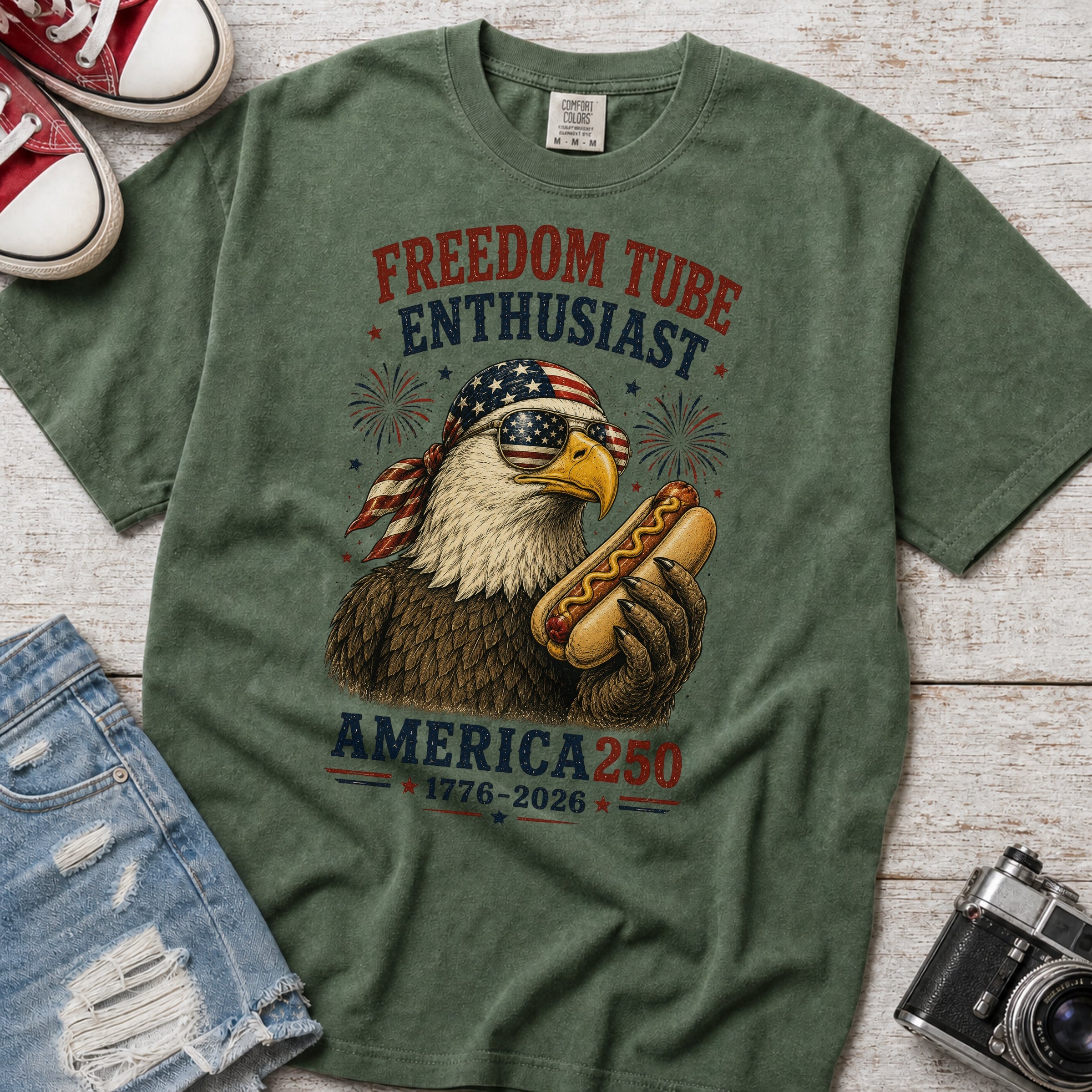 Freedom Tube Enthusiast T-Shirt, America250 Patriotic Eagle Hot Dog Tee