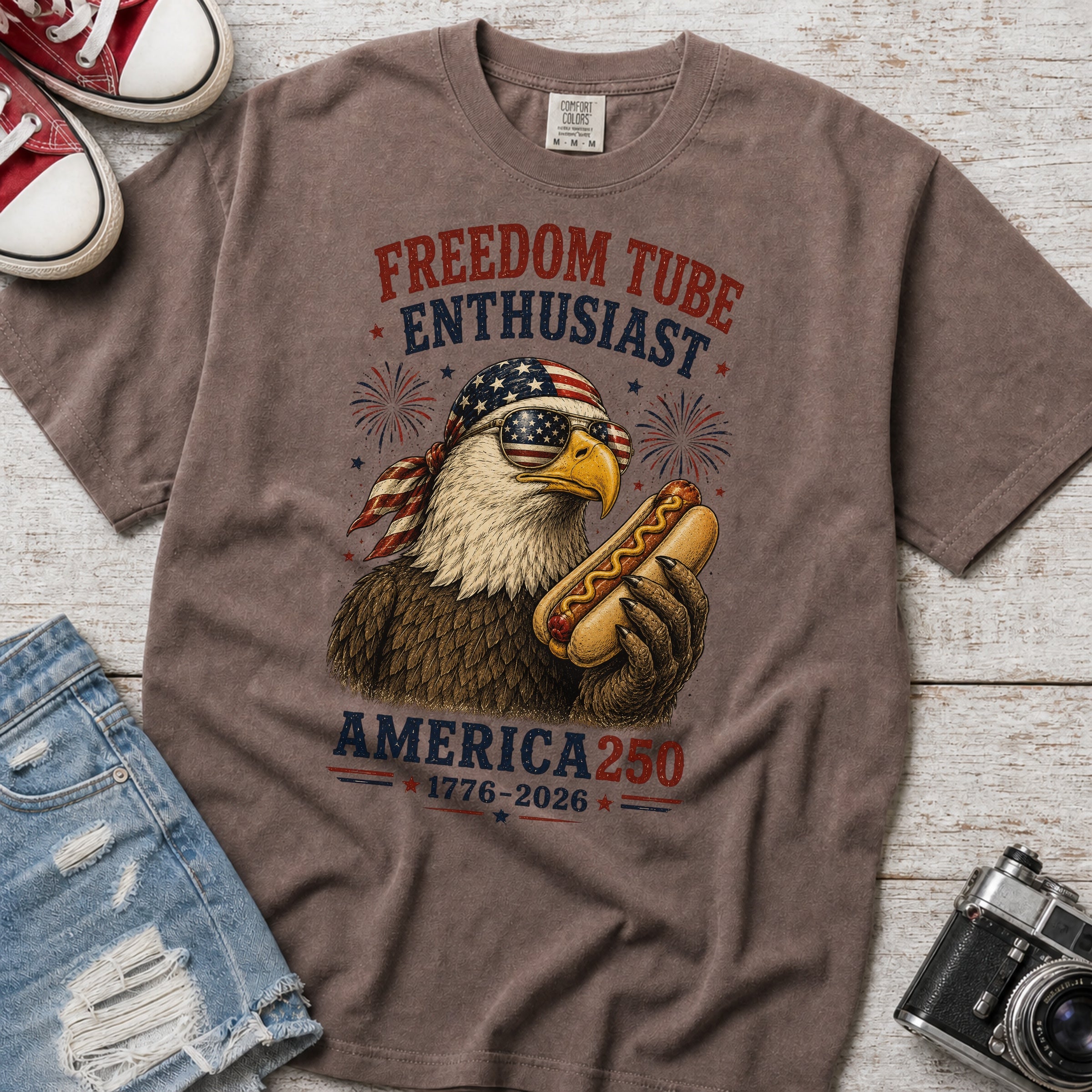 Freedom Tube Enthusiast T-Shirt, America250 Patriotic Eagle Hot Dog Tee