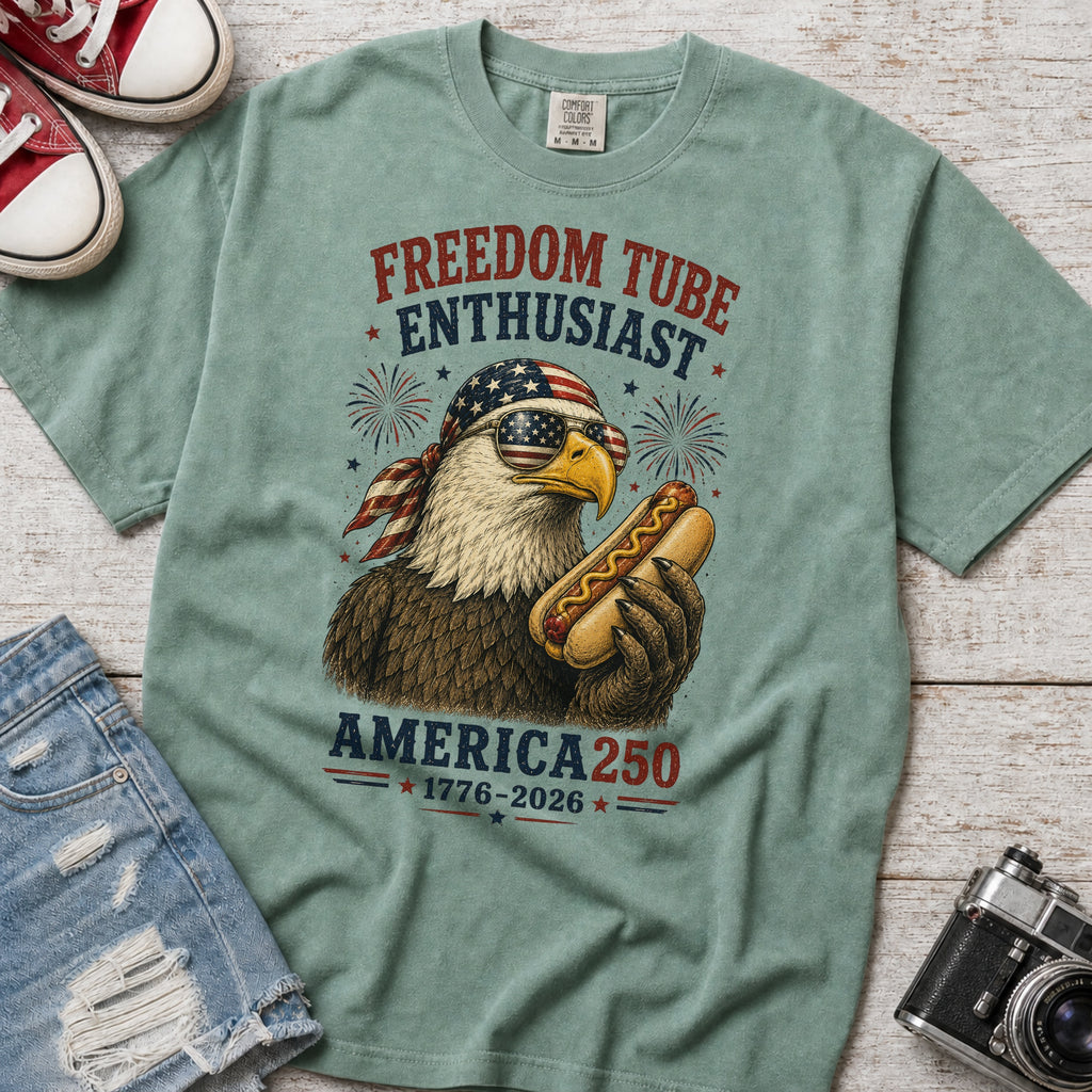 Freedom Tube Enthusiast T-Shirt, America250 Patriotic Eagle Hot Dog Tee