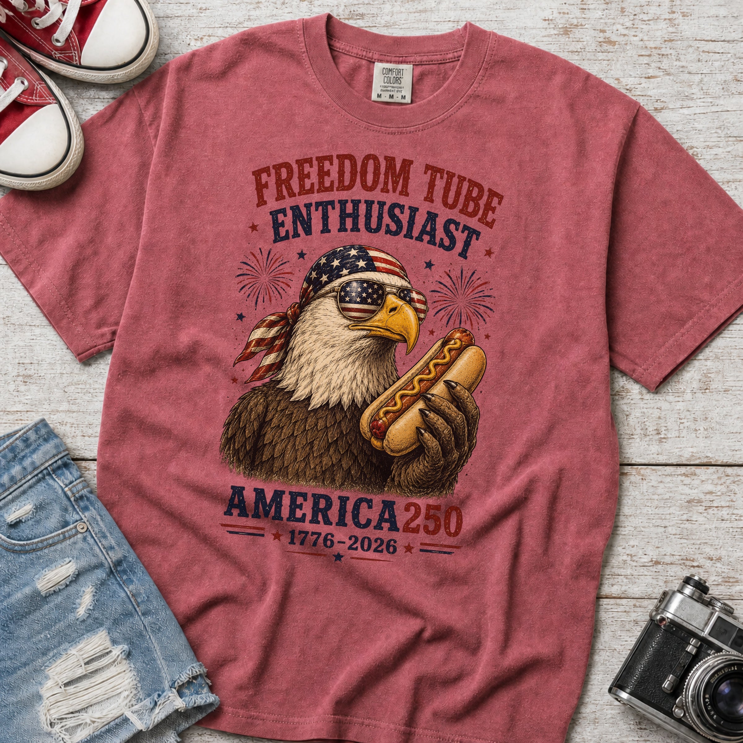 Freedom Tube Enthusiast T-Shirt, America250 Patriotic Eagle Hot Dog Tee