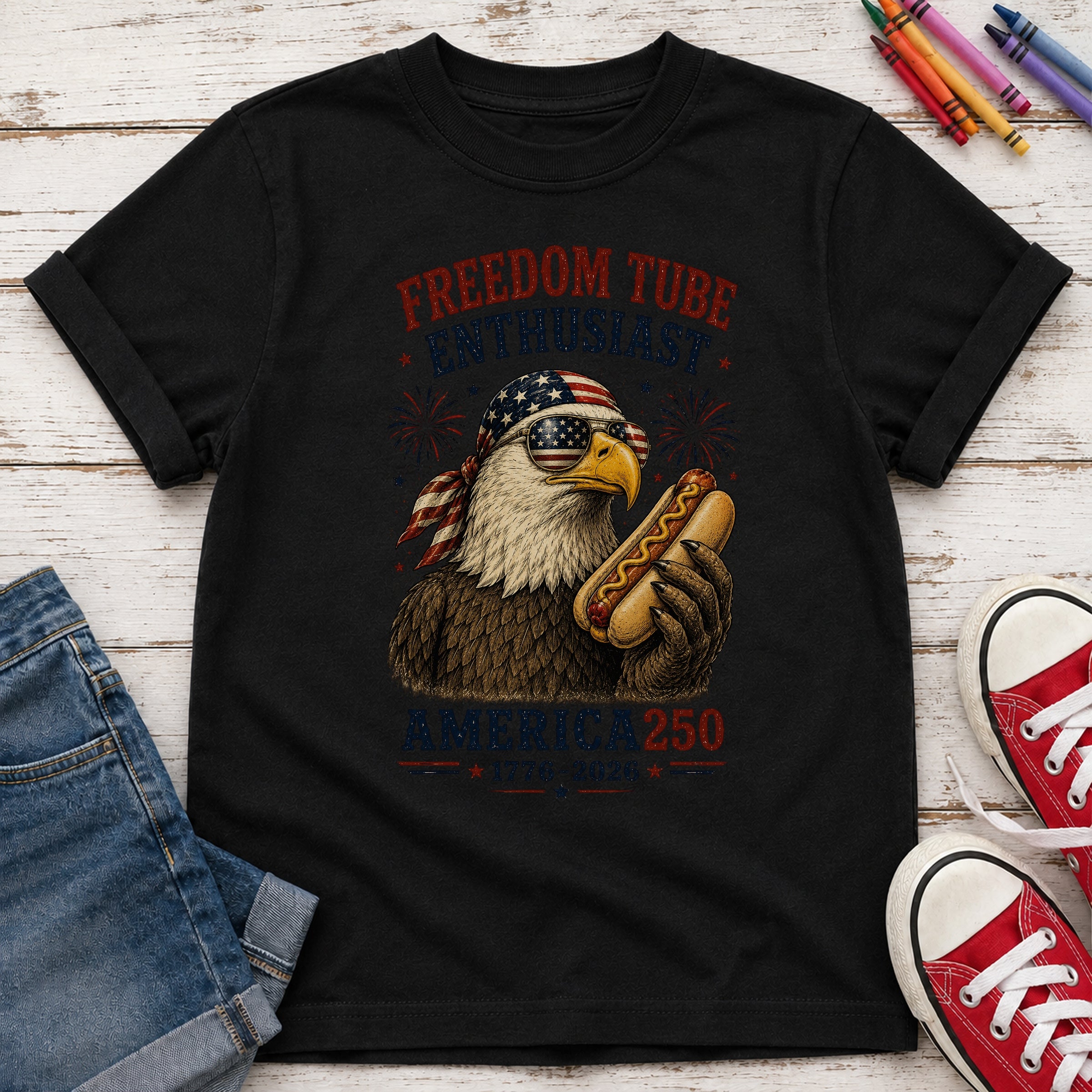 Freedom Tube Enthusiast Youth Tee, America250 Patriotic Eagle Hot Dog
