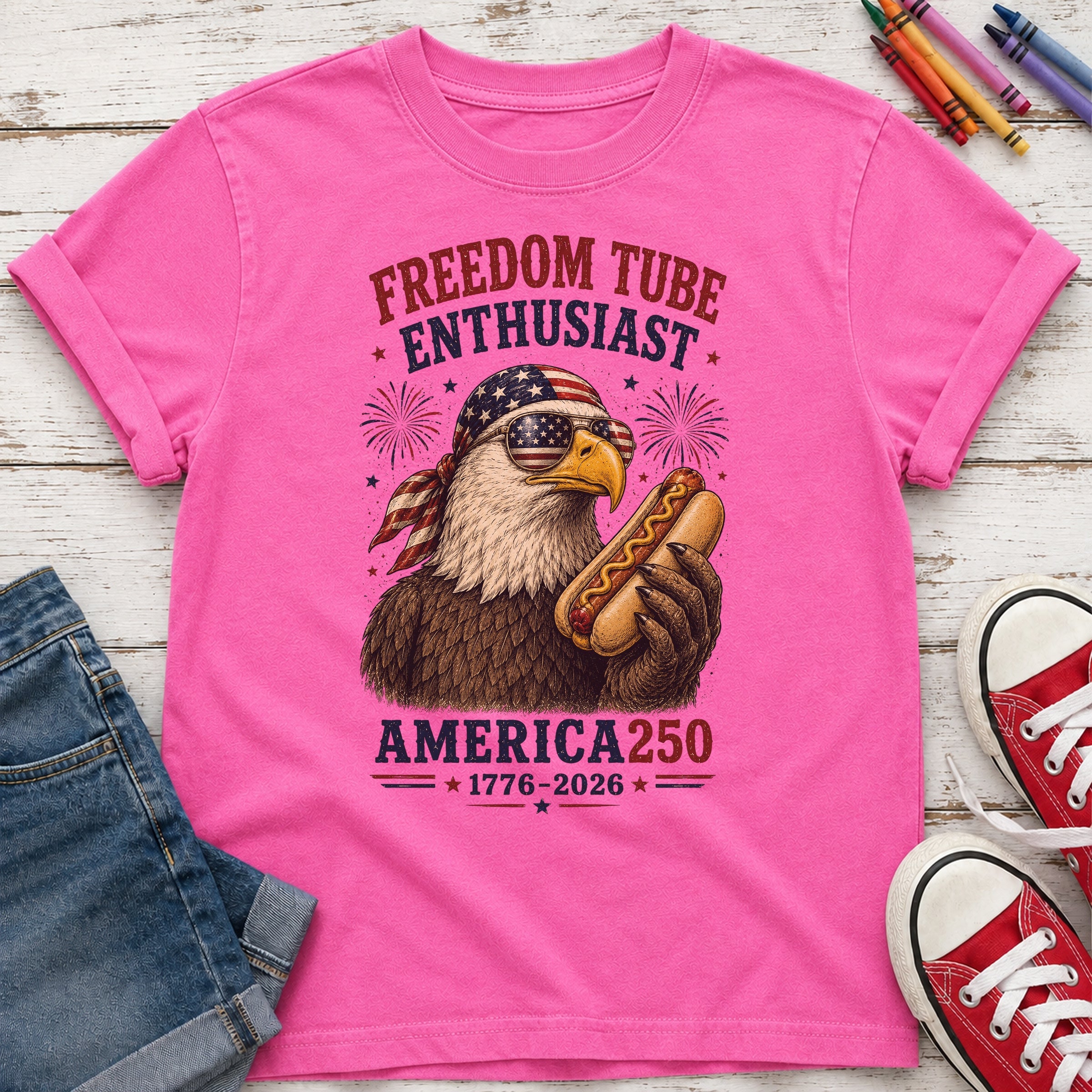 Freedom Tube Enthusiast Youth Tee, America250 Patriotic Eagle Hot Dog