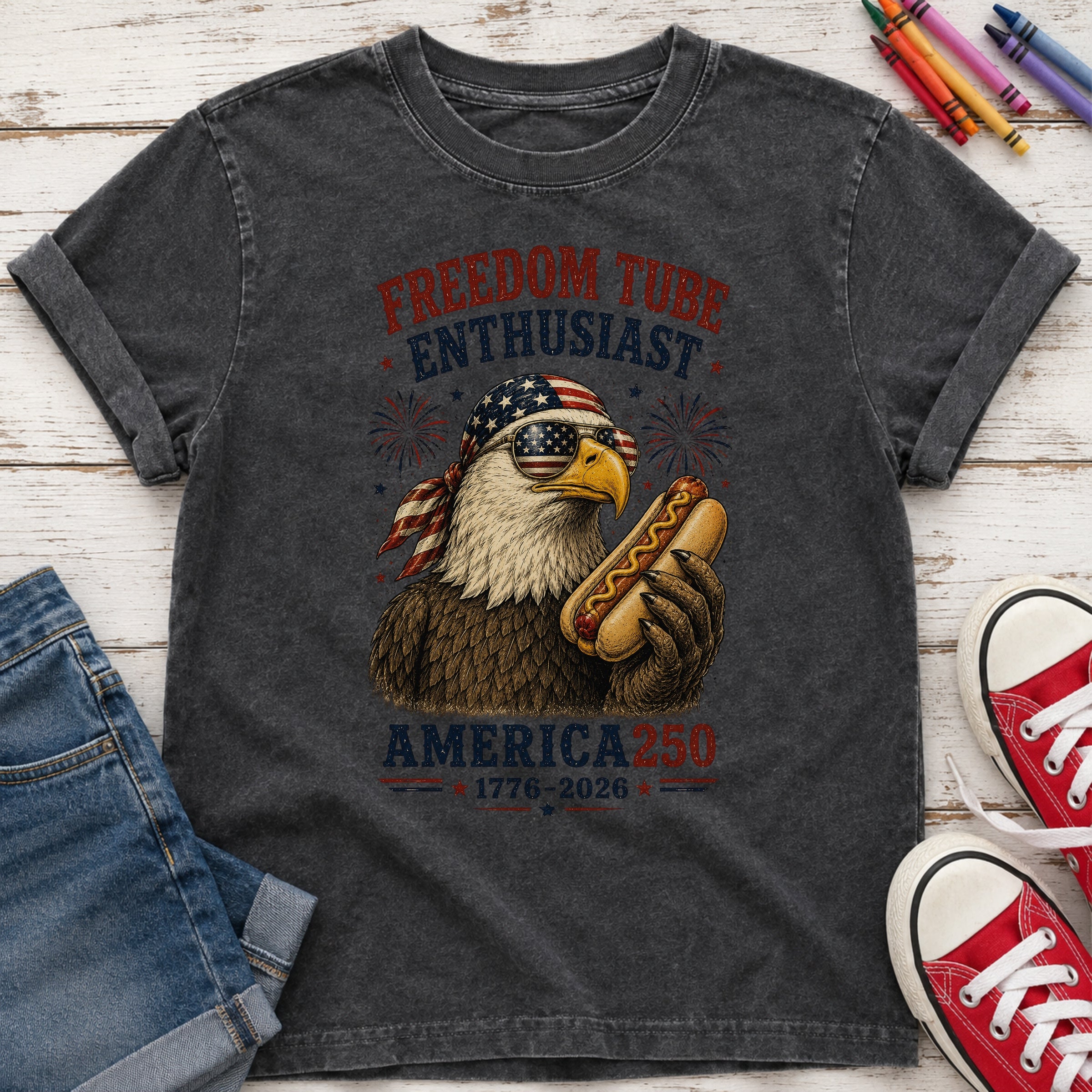 Freedom Tube Enthusiast Youth Tee, America250 Patriotic Eagle Hot Dog