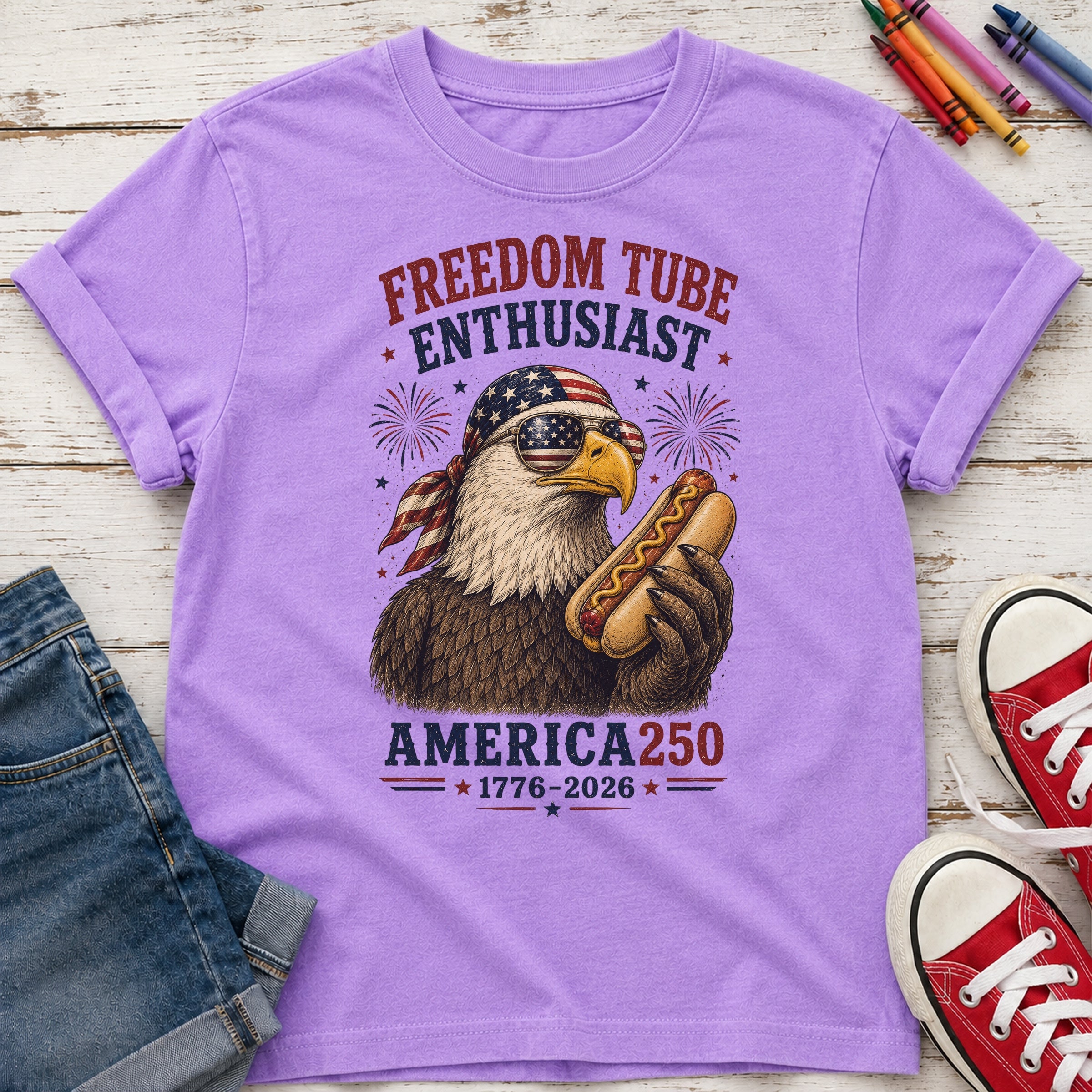 Freedom Tube Enthusiast Youth Tee, America250 Patriotic Eagle Hot Dog