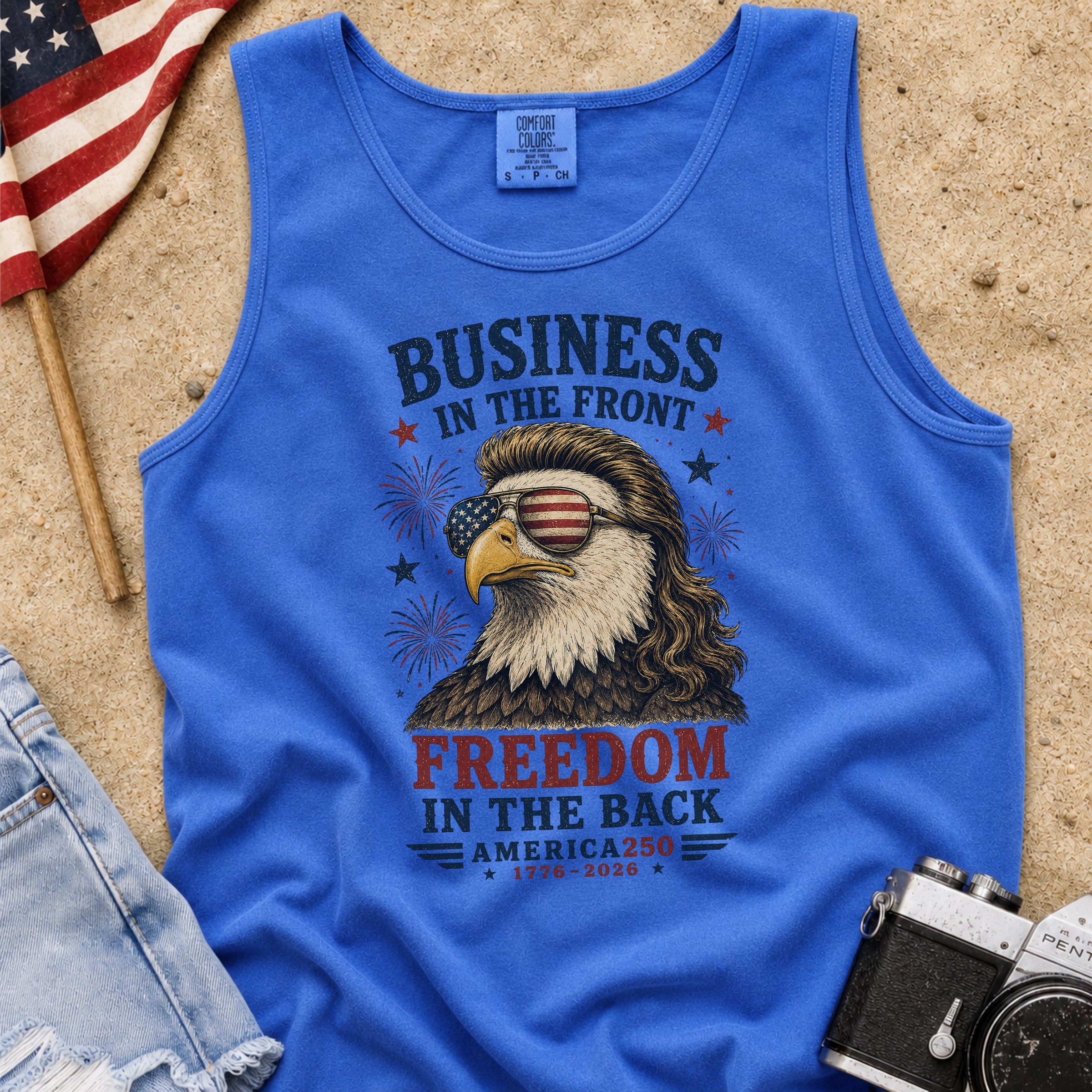 Business in the Front, Freedom in the Back America 250 Eagle Tank Top
