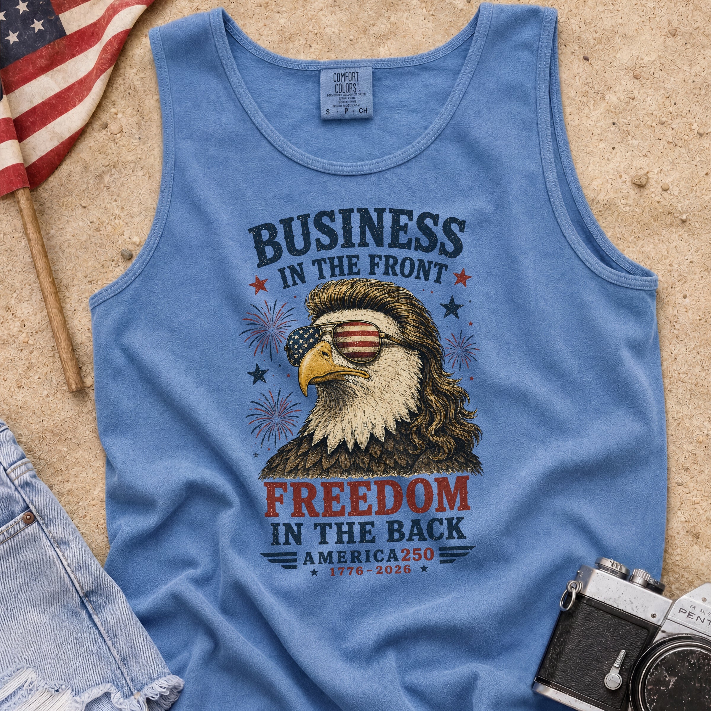 Business in the Front, Freedom in the Back America 250 Eagle Tank Top