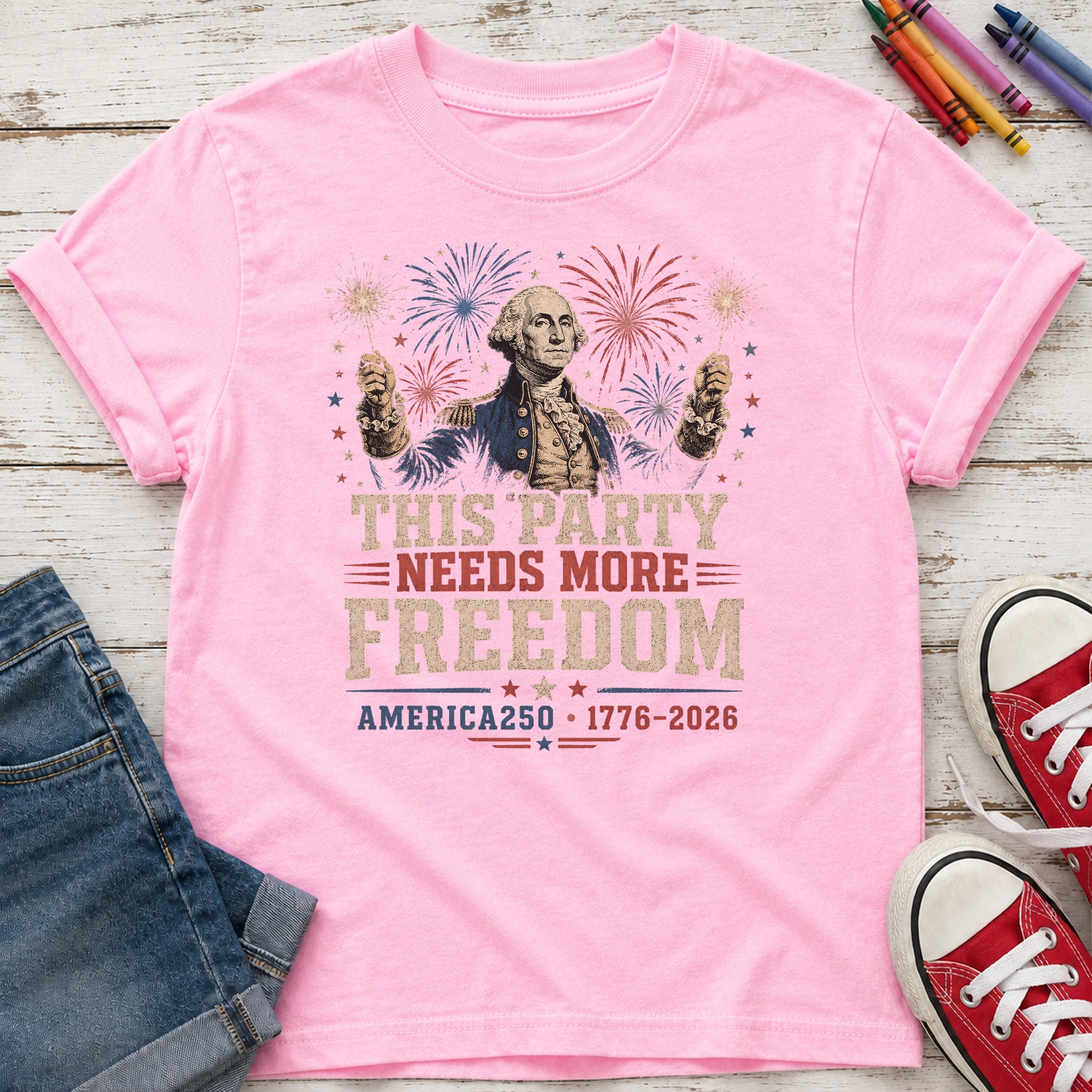 George Washington 'This Party Needs More Freedom' America 250 Youth Tee (1776–2026)
