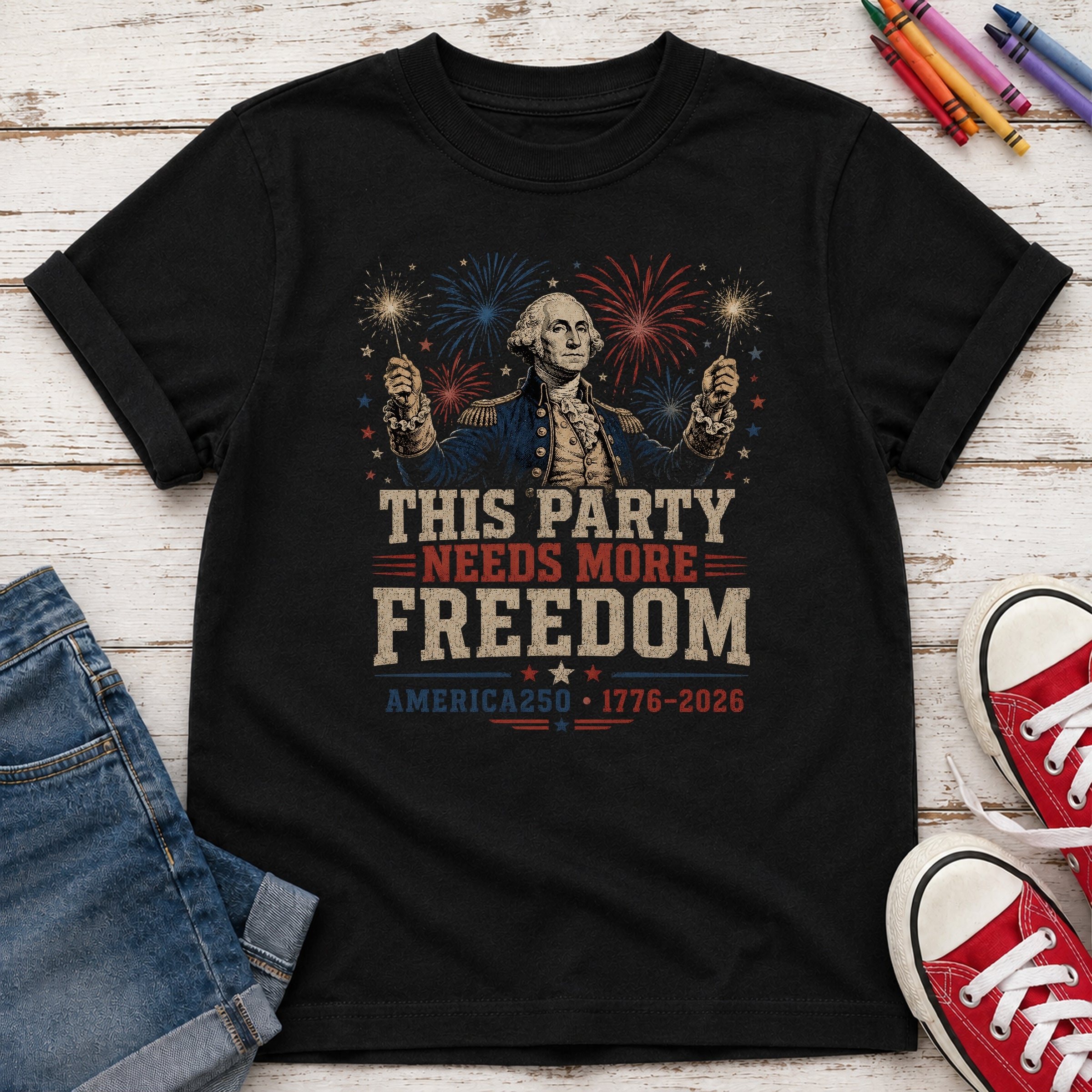 George Washington 'This Party Needs More Freedom' America 250 Youth Tee (1776–2026)