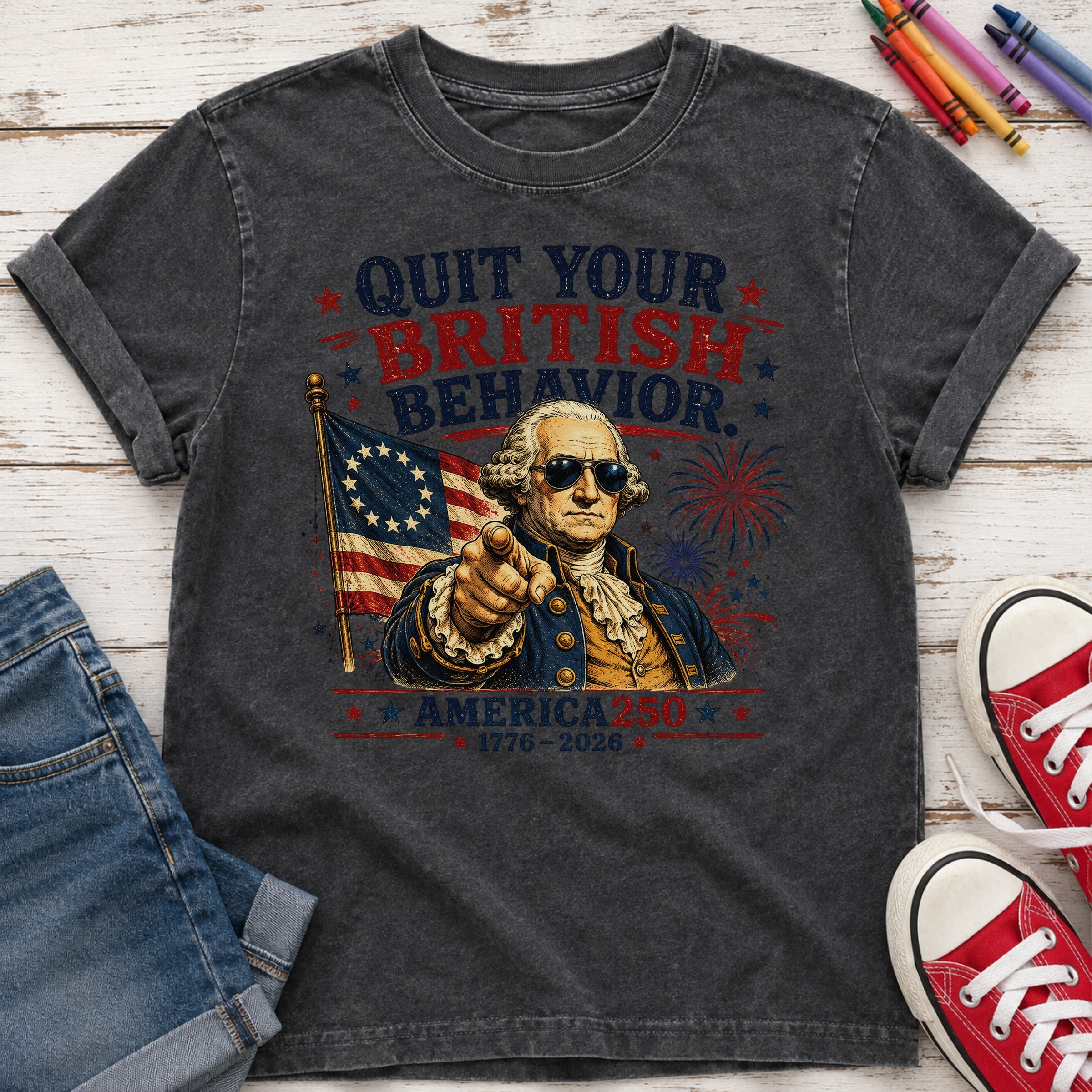 George Washington "Quit Your British Behavior" America 250 Patriotic Youth Tee
